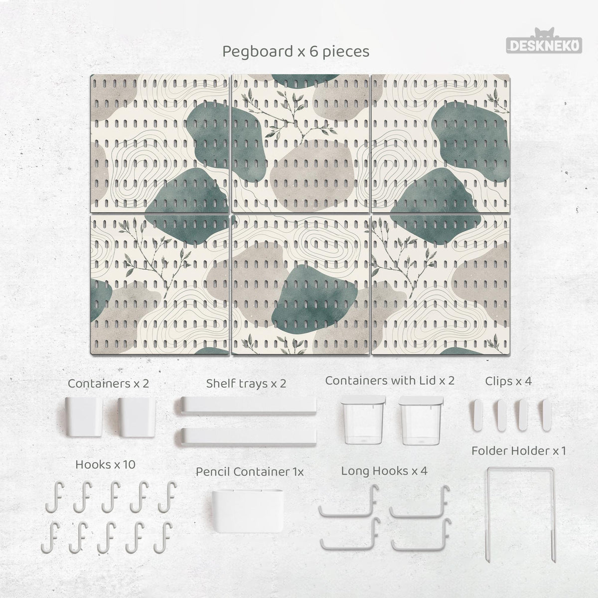 Four pegboard panels in sage green with cream, grey, teal, and leafy botanical artwork arranged in a square layout.