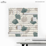 Four pegboard panels in sage green with cream, grey, teal, and leafy botanical artwork arranged in a square layout.