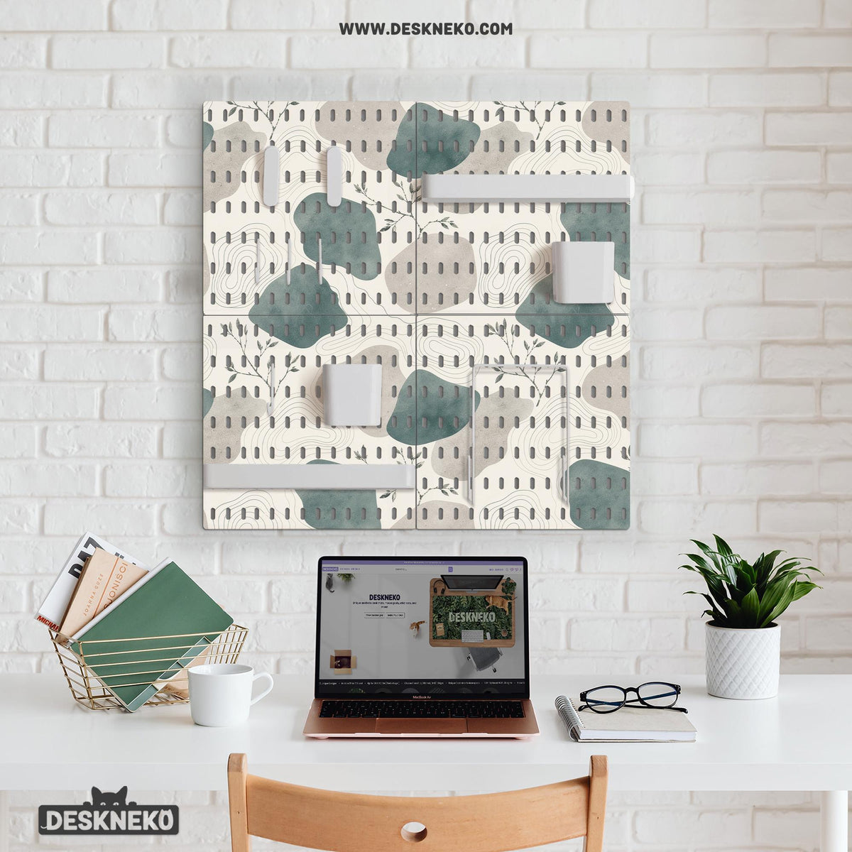 Four pegboard panels in sage green with cream, grey, teal, and leafy botanical artwork arranged in a square layout.