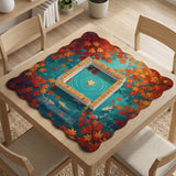 Square teal mahjong mat with koi fish, falling autumn leaves, and pond water artwork.