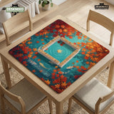 Square teal mahjong mat with koi fish, falling autumn leaves, and pond water artwork.