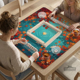 Square teal mahjong mat with koi fish, falling autumn leaves, and pond water artwork.