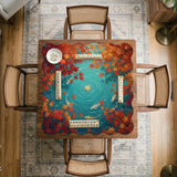 Square teal mahjong mat with koi fish, falling autumn leaves, and pond water artwork.