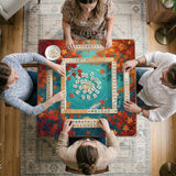 Square teal mahjong mat with koi fish, falling autumn leaves, and pond water artwork.