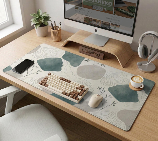 A desk mat with sage green abstract blocks, cream space, gray stone-like shapes, fine topographic contour lines, and small branch details.