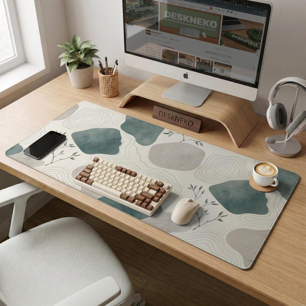 A desk mat with sage green abstract blocks, cream space, gray stone-like shapes, fine topographic contour lines, and small branch details.