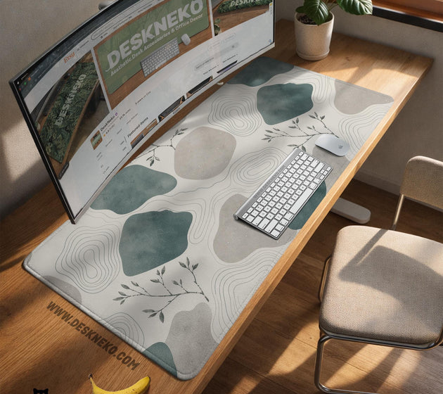 A desk mat with sage green abstract blocks, cream space, gray stone-like shapes, fine topographic contour lines, and small branch details.