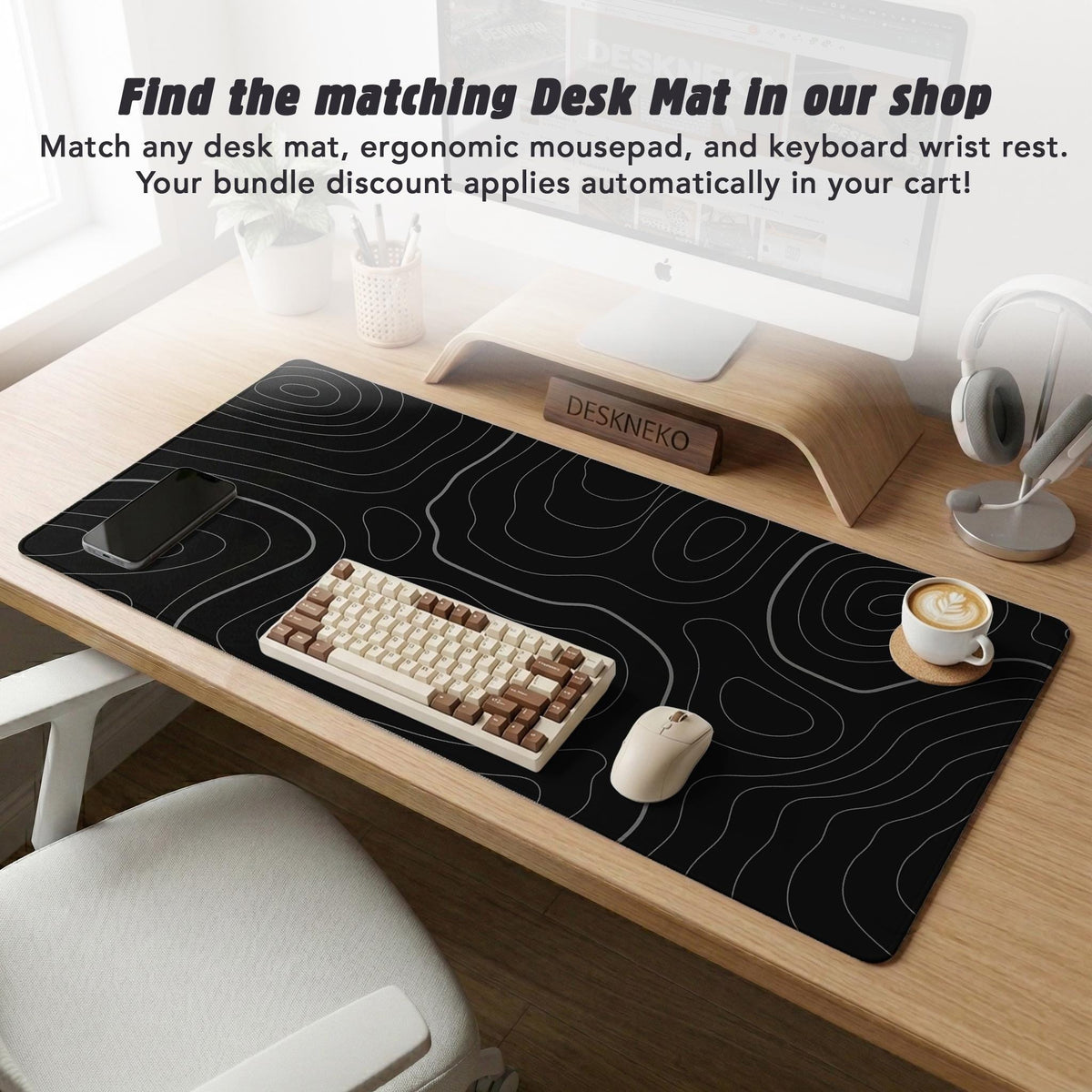 Black mousepad with a gray topographic contour line pattern shown with matching keyboard wrist rest options.