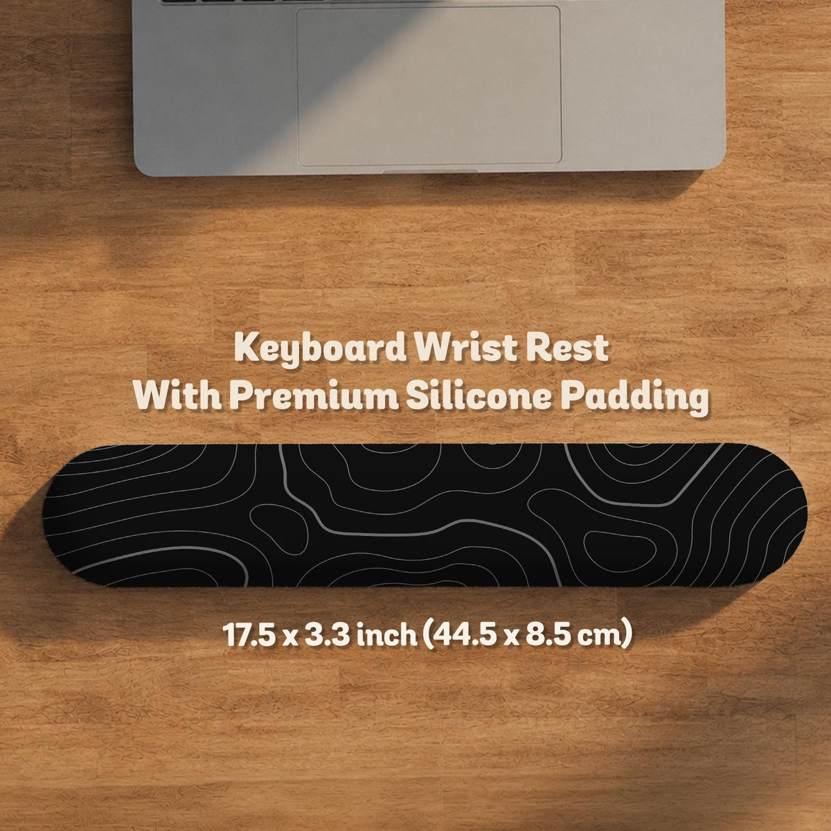 Black mousepad with a gray topographic contour line pattern shown with matching keyboard wrist rest options.