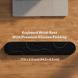 Black mousepad with a gray topographic contour line pattern shown with matching keyboard wrist rest options.