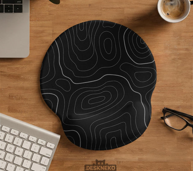 Black mousepad with a gray topographic contour line pattern shown with matching keyboard wrist rest options.