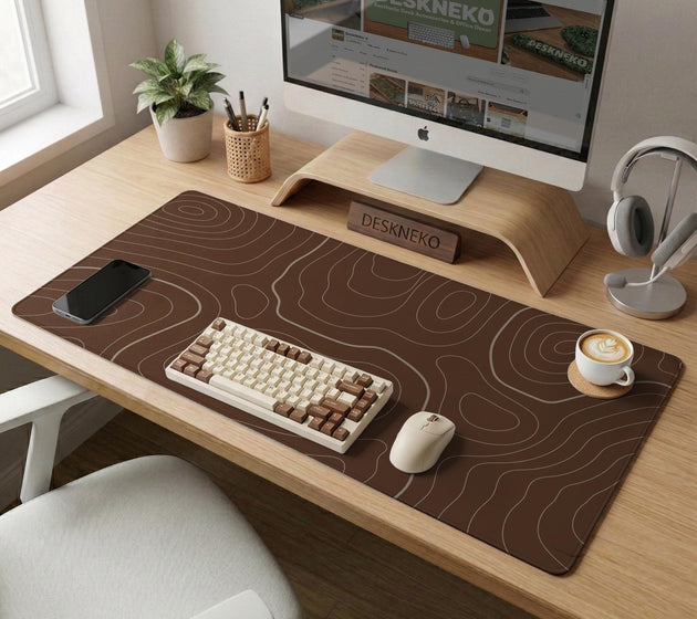 Brown desk mat with a repeating topographic contour line pattern in a neutral earth tone design.