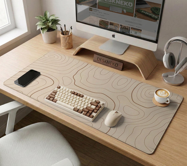A beige mousepad with a topographic line pattern in a repeating design.