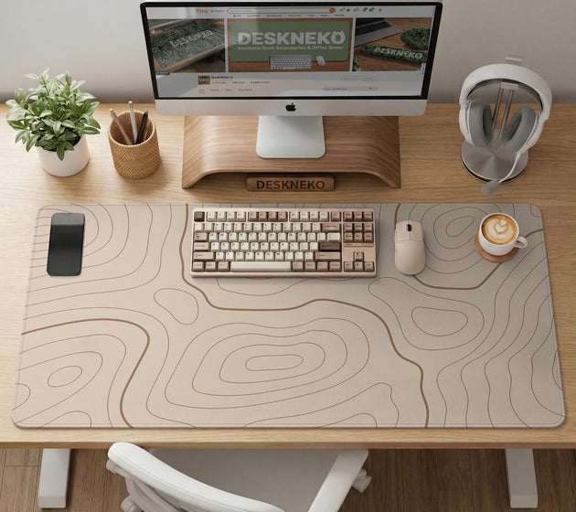 A beige mousepad with a topographic line pattern in a repeating design.