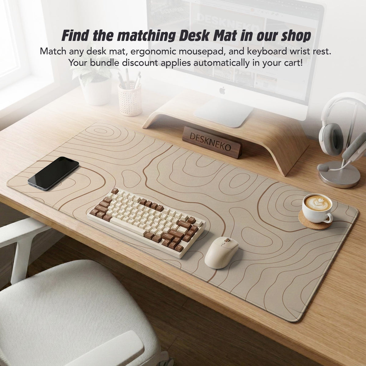 Beige mousepad and keyboard wrist rest with a topographic line pattern shown in a neutral desk setup.