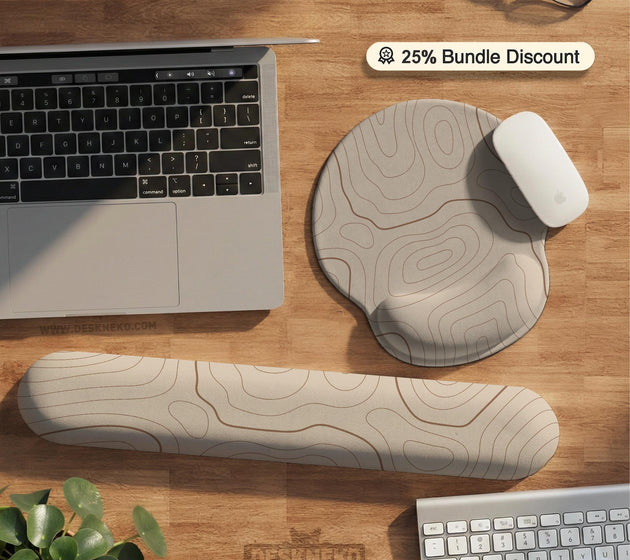Beige mousepad and keyboard wrist rest with a topographic line pattern shown in a neutral desk setup.