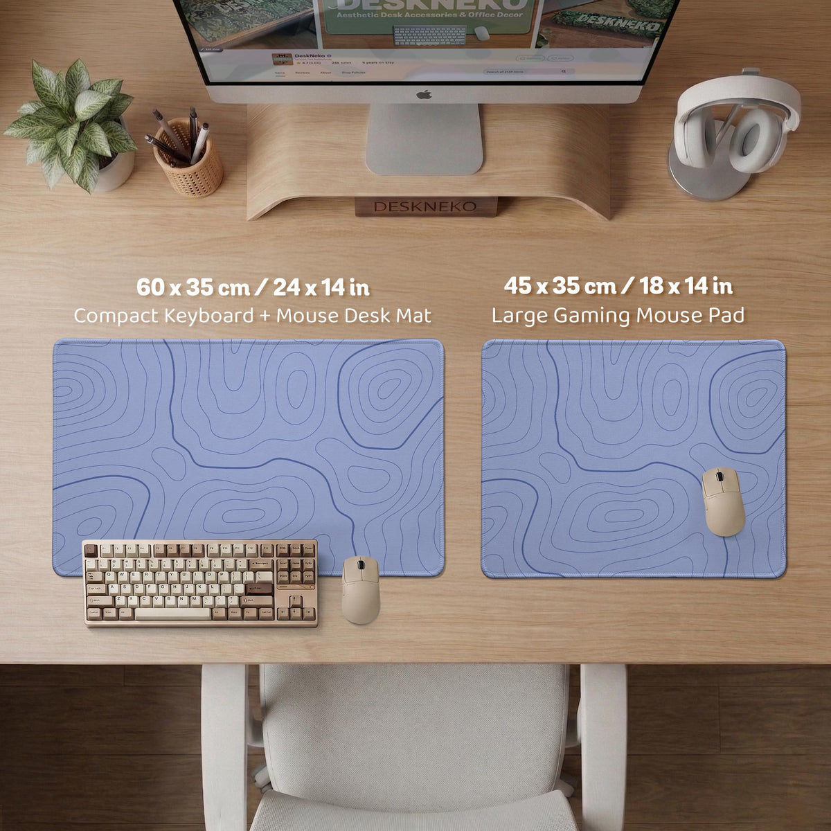A pastel blue mousepad with an abstract topographic contour line pattern.