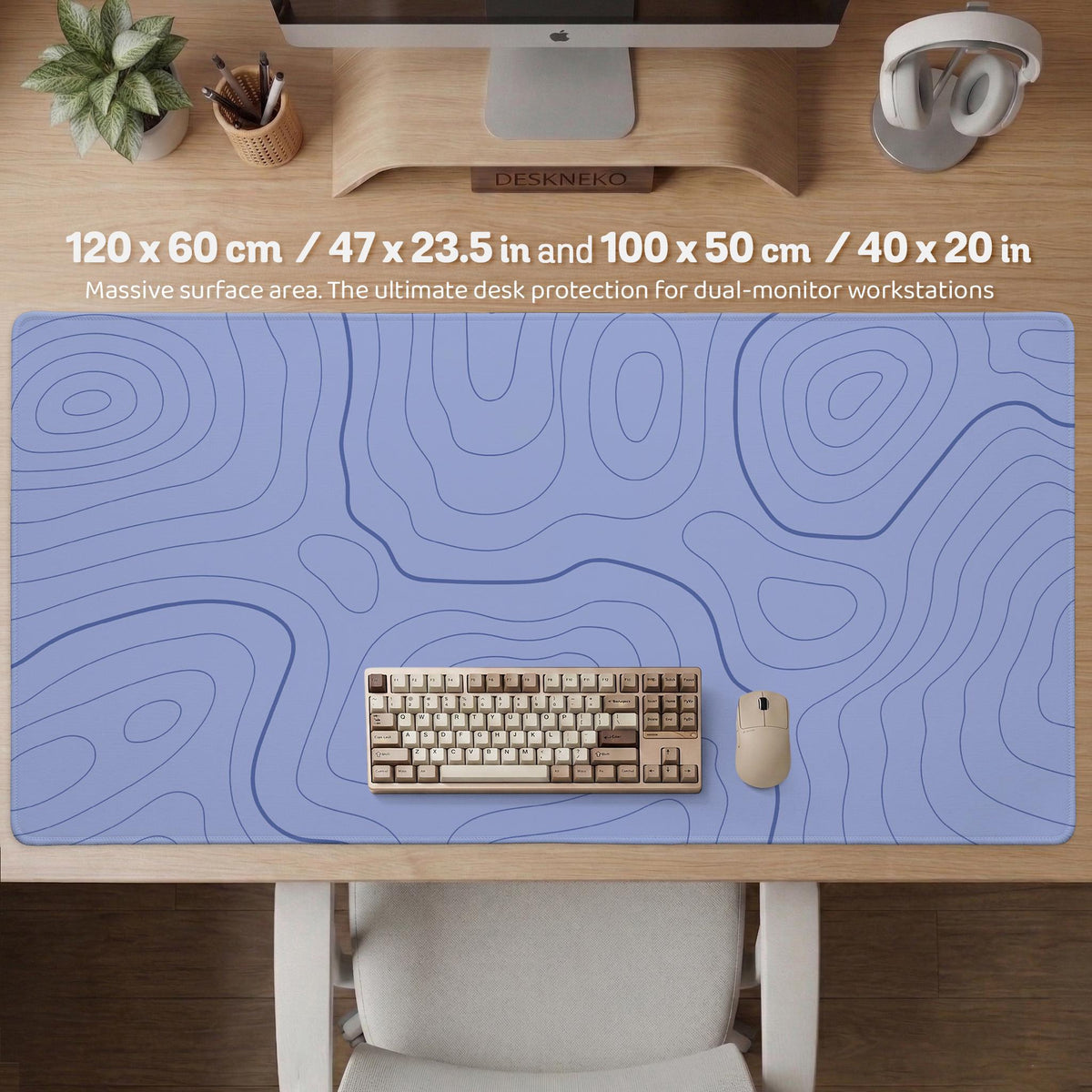 A pastel blue mousepad with an abstract topographic contour line pattern.