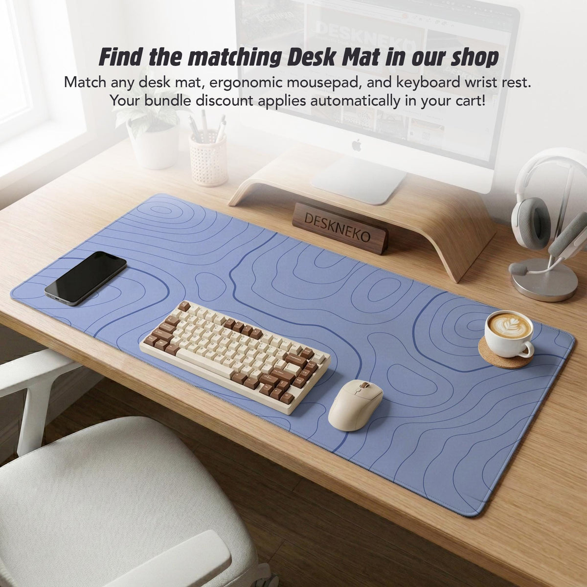 Periwinkle ergonomic mousepad and keyboard wrist rest with a light blue topographic contour line pattern.