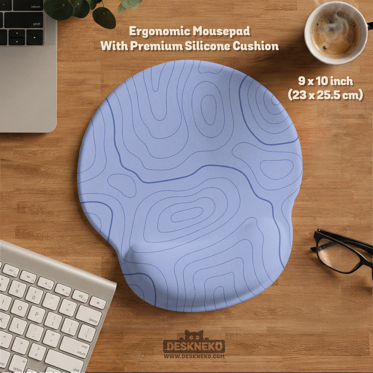 Periwinkle ergonomic mousepad and keyboard wrist rest with a light blue topographic contour line pattern.