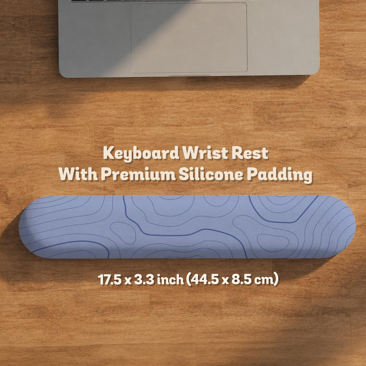 Periwinkle ergonomic mousepad and keyboard wrist rest with a light blue topographic contour line pattern.
