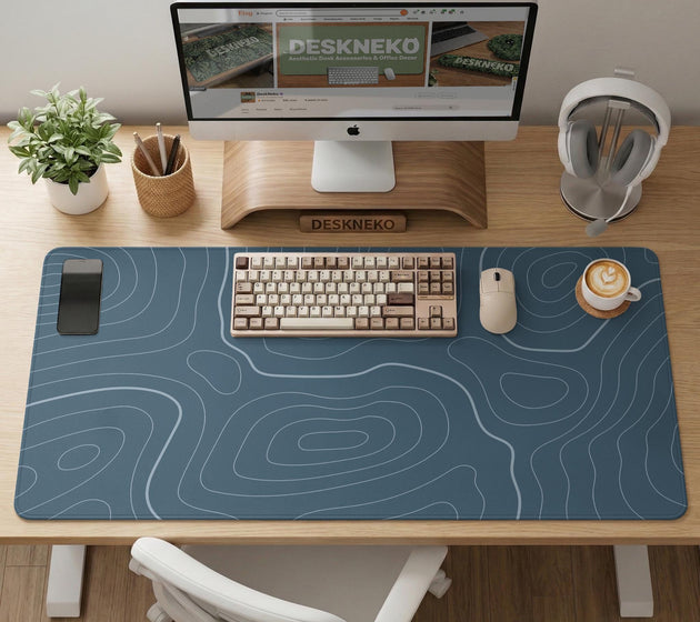 Blue mousepad with a topographic line pattern on a slate background.