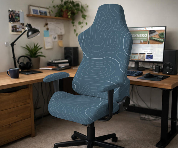 Slate gray chair cover with a blue gray topographic line pattern shown on a high back gaming chair.