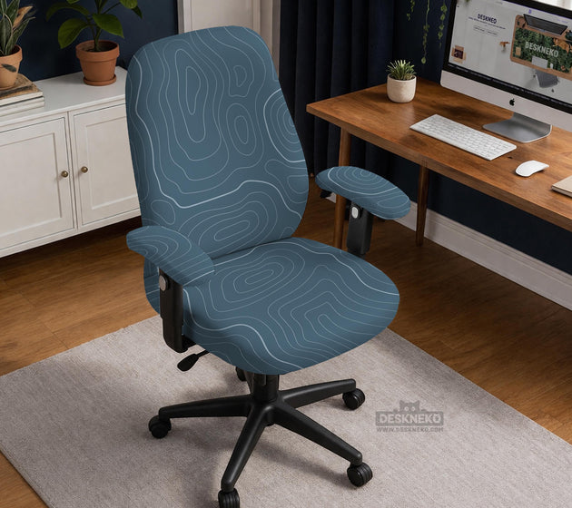 Slate gray chair cover with a blue gray topographic line pattern shown on a high back gaming chair.