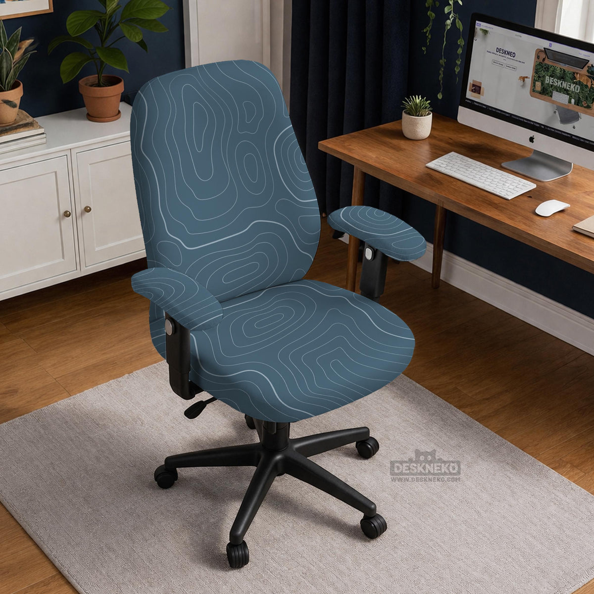 Slate gray chair cover with a blue gray topographic line pattern shown on a high back gaming chair.