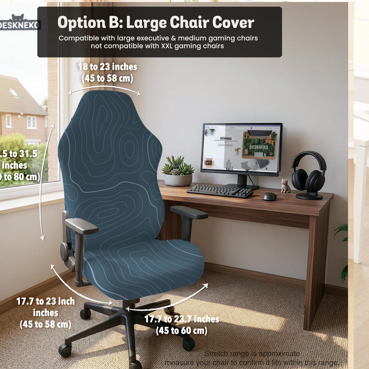 Slate gray chair cover with a blue gray topographic line pattern shown on a high back gaming chair.
