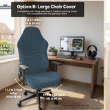 Slate gray chair cover with a blue gray topographic line pattern shown on a high back gaming chair.