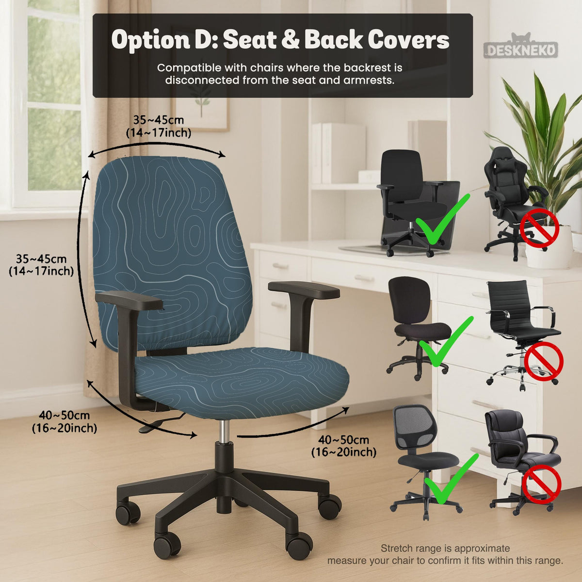 Slate gray chair cover with a blue gray topographic line pattern shown on a high back gaming chair.