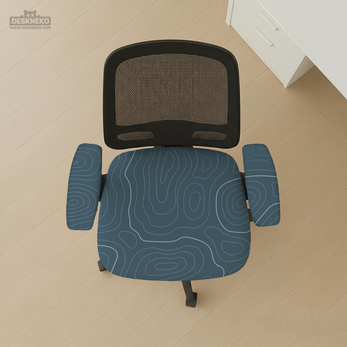 Slate gray chair cover with a blue gray topographic line pattern shown on a high back gaming chair.