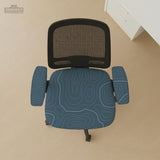 Slate gray chair cover with a blue gray topographic line pattern shown on a high back gaming chair.