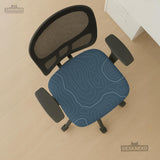 Slate gray chair cover with a blue gray topographic line pattern shown on a high back gaming chair.