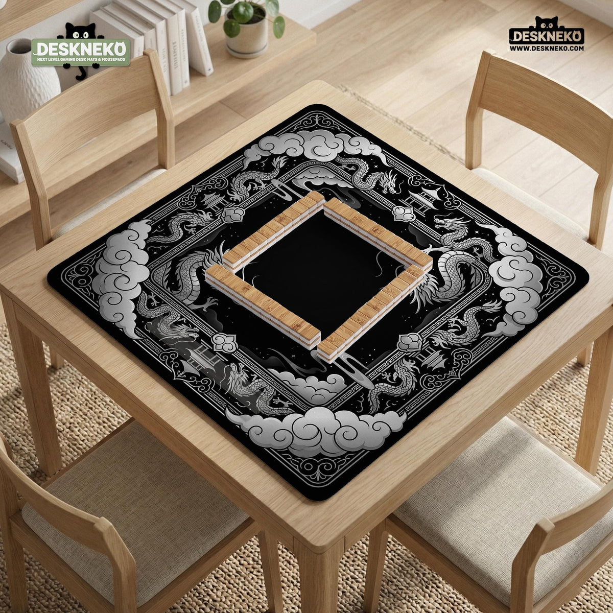 Square mahjong table mat with a black and silver dragon border, cloud details, and a scalloped edge.