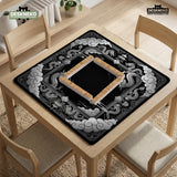 Square mahjong table mat with a black and silver dragon border, cloud details, and a scalloped edge.
