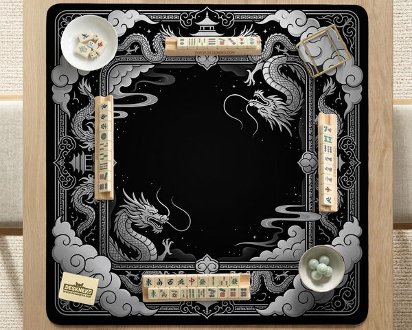 Square mahjong table mat with a black and silver dragon border, cloud details, and a scalloped edge.