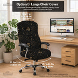 Black chair cover with a dark galaxy pattern, muted gold stars and celestial artwork on a chair.