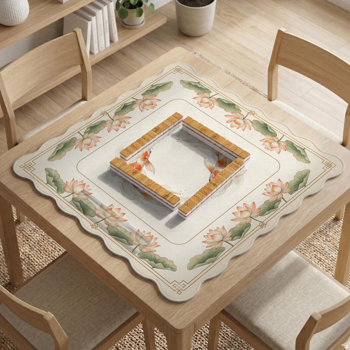 Ivory square mahjong mat with watercolor koi fish, lotus flowers, peach blossoms, sage leaves, and a thin gold border.