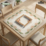 Ivory square mahjong mat with watercolor koi fish, lotus flowers, peach blossoms, sage leaves, and a thin gold border.
