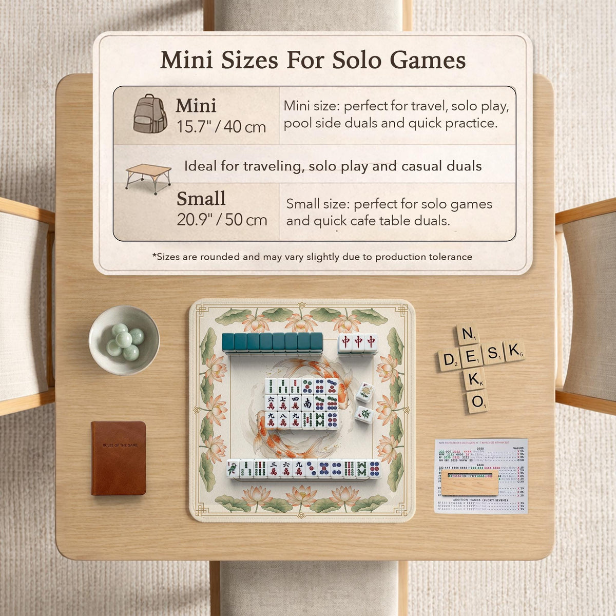 Ivory square mahjong mat with watercolor koi fish, lotus flowers, peach blossoms, sage leaves, and a thin gold border.