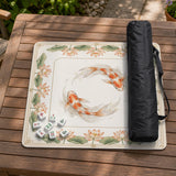 Ivory square mahjong mat with watercolor koi fish, lotus flowers, peach blossoms, sage leaves, and a thin gold border.