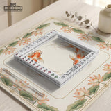 Ivory square mahjong mat with watercolor koi fish, lotus flowers, peach blossoms, sage leaves, and a thin gold border.