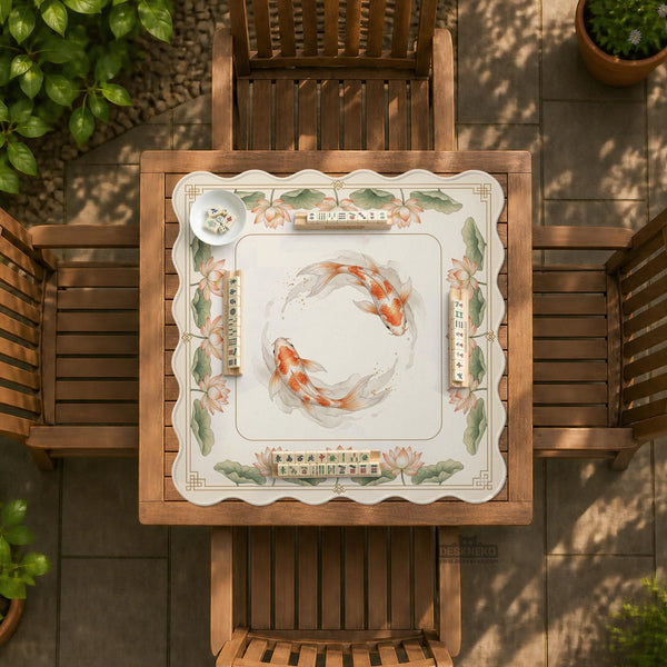 Ivory square mahjong mat with watercolor koi fish, lotus flowers, peach blossoms, sage leaves, and a thin gold border.