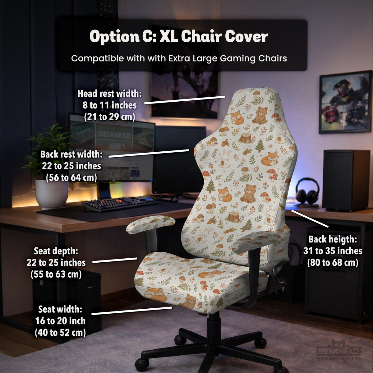 A gaming chair cover with a woodland animal print featuring foxes, rabbits, bears, mushrooms, and leaves in green, brown, and beige tones.
