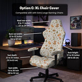 A gaming chair cover with a woodland animal print featuring foxes, rabbits, bears, mushrooms, and leaves in green, brown, and beige tones.