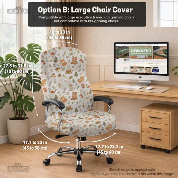 A gaming chair cover with a woodland animal print featuring foxes, rabbits, bears, mushrooms, and leaves in green, brown, and beige tones.