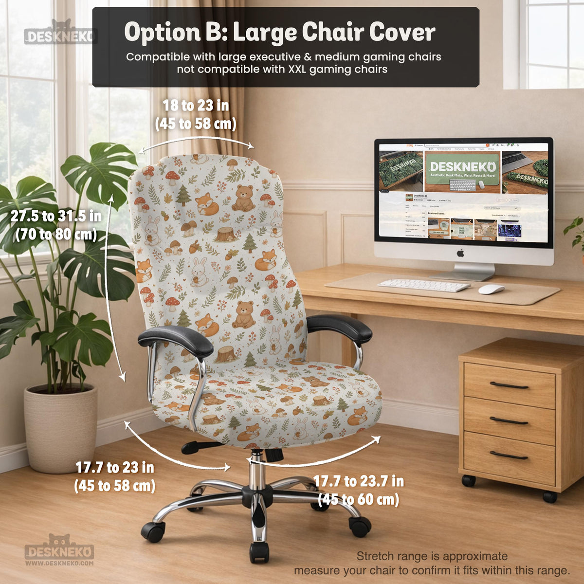 Desk chair cover options with a cute forest print featuring foxes, bunnies, mushrooms, leaves, acorns, and soft neutral colors.