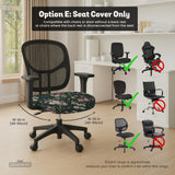 Green chair cover with a dark floral pattern, pink roses, cream flowers, and leafy botanical details on an office chair.